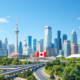 Modern city skyline with Canadian flag.